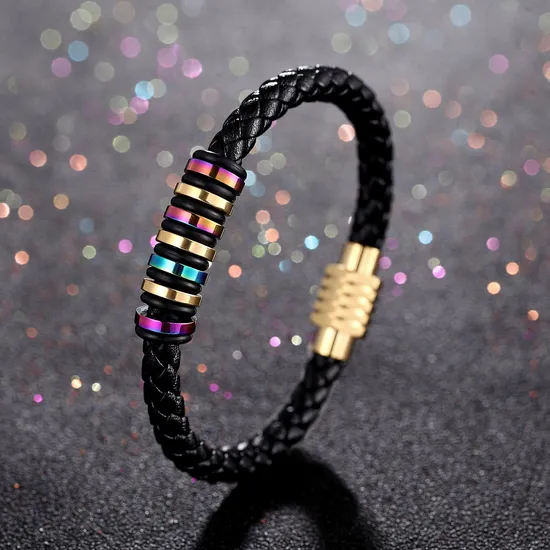 Fashion Men′s Black Leather Beaded Bracelet with Stainless Steel Magnetic Clasp