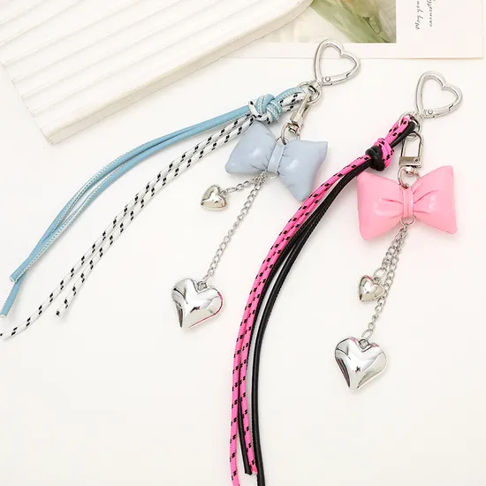 New Tassel Leather Bow Bag Charm Braid Rope Metal Keyring Fashion Accessories 