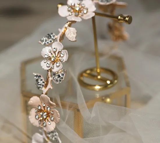 Enamel Flower Tiara Headband. Bridal Wedding Rhinestone Headband Hair Accessories 