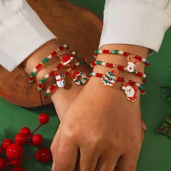 Newest Christmas Candy Santa Claus Enamel Beaded Bracelet Women′s Christmas Cane Charm Bracelet for Holiday Celebrations 