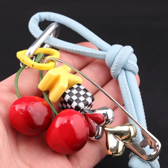 Korean Ins Leather Rope Cherry Pin Contrasting Color Bag Charm for Daily Decorate 