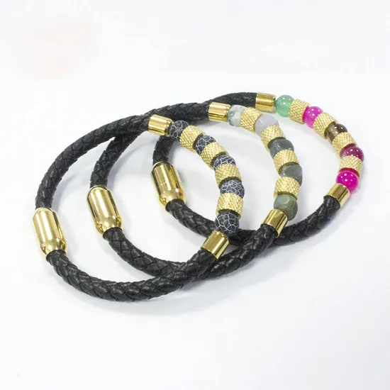 Women′s Vintage Stainless Steel Lock 18K Gold Plated High End Woven Leather Bracelet Colorful Beaded Bracelet 