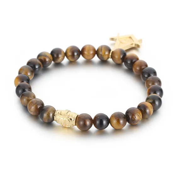 Masonic Crown Cross Jewelry Elastic Charms Mens Dragon Chain Cross Lava Natural Stones Beads Tiger Eye Beaded Bracelet 