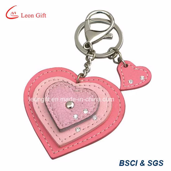 Custom Logo Fashion Charm with Crystal Heart Shaped Leather Metal Keychain