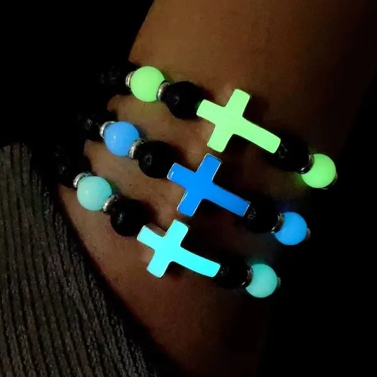Europe and America Night Light Luminous Cross Charm Beaded Bracelet Black Volcanic Stone Lava Oil Diffuser Bracelets 