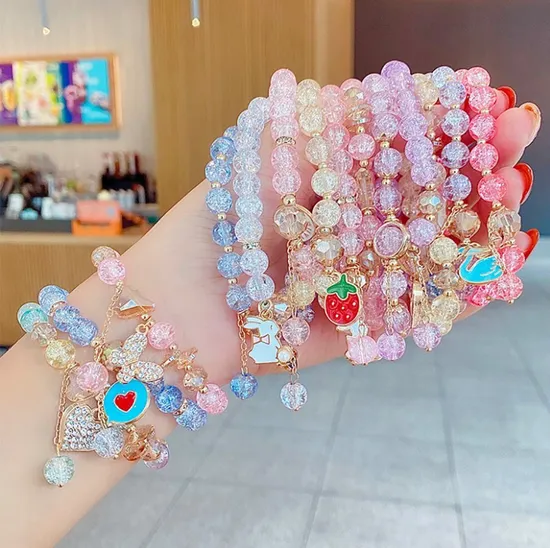 Hot Sale Promotion Gift Imitation Jewelry Fashion Accessories Cartoon Children′s Bracelet Female Princess Glass Beaded Wristband Cute Girl Baby Bracelet 