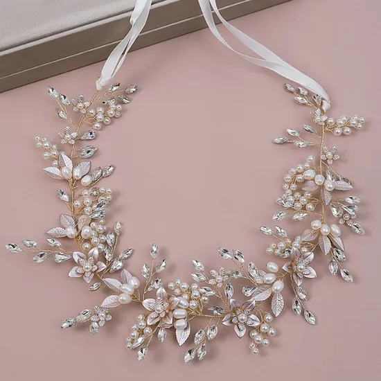 Enamel Leaf Flower Hair Vine Headband. Bridal Wedding Pearl Rhinestone Hair Accessories 